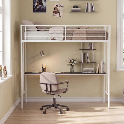 Loft Bed with Desk and Shelves Metal Loft Bed Frame-White