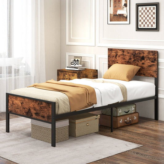 Metal Platform Bed with Headboard and Footboard-Brown-Single Size
