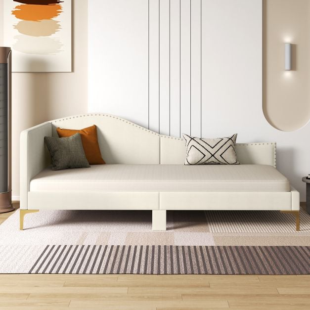 Single Size Upholstered Daybed Rivet-Tufted Platform Bed with Metal Legs-Beige