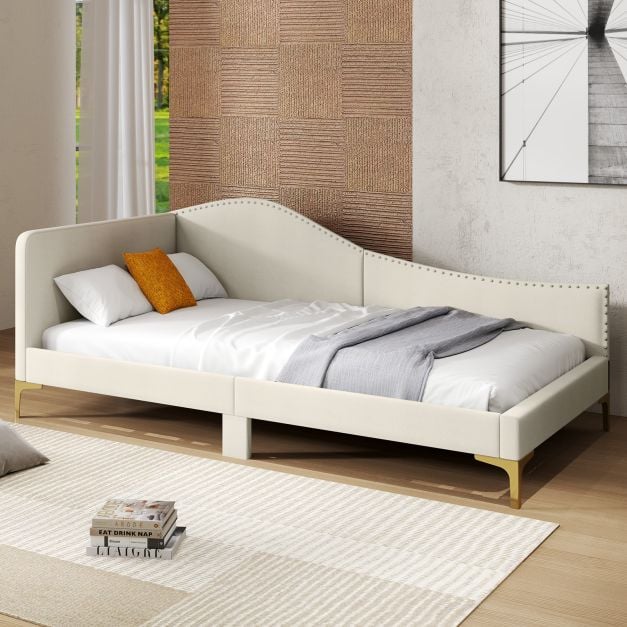 Single Size Upholstered Daybed Rivet-Tufted Platform Bed with Metal Legs-Beige