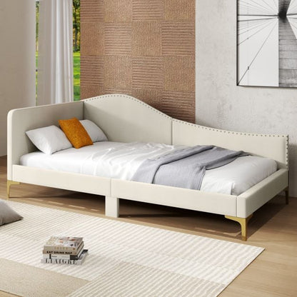 Single Size Upholstered Daybed Rivet-Tufted Platform Bed with Metal Legs-Beige
