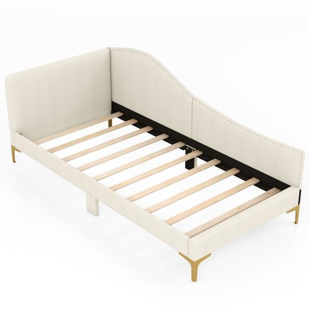 Single Size Upholstered Daybed Rivet-Tufted Platform Bed with Metal Legs-Beige