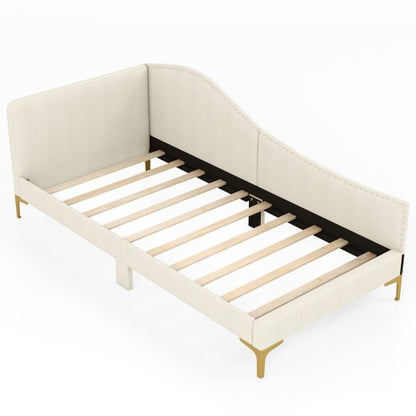Single Size Upholstered Daybed Rivet-Tufted Platform Bed with Metal Legs-Beige
