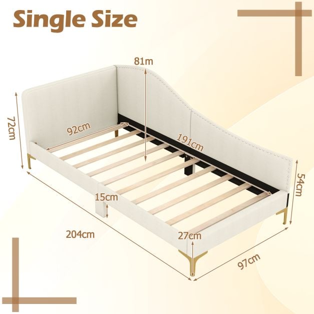 Single Size Upholstered Daybed Rivet-Tufted Platform Bed with Metal Legs-Beige