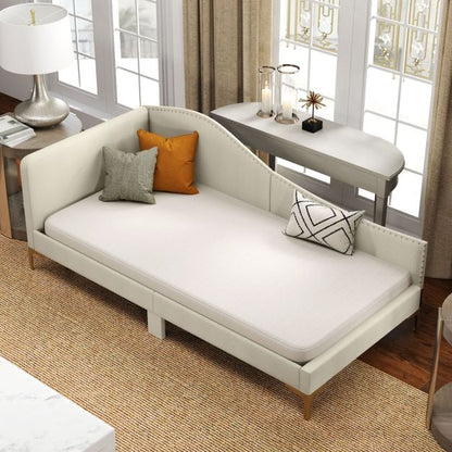 Single Size Upholstered Daybed Rivet-Tufted Platform Bed with Metal Legs-Beige