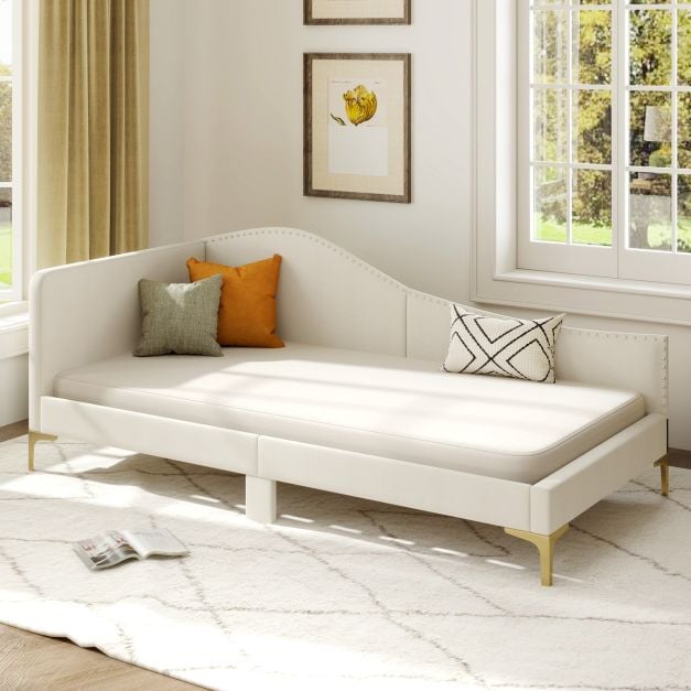 Single Size Upholstered Daybed Rivet-Tufted Platform Bed with Metal Legs-Beige