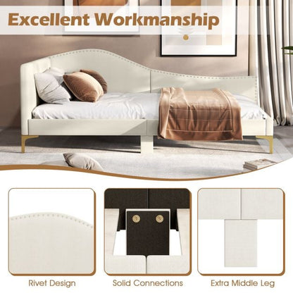 Single Size Upholstered Daybed Rivet-Tufted Platform Bed with Metal Legs-Beige