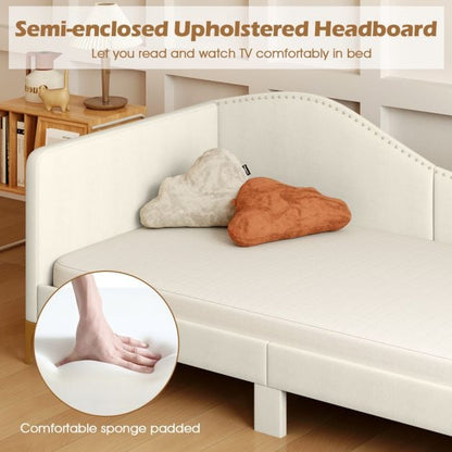 Single Size Upholstered Daybed Rivet-Tufted Platform Bed with Metal Legs-Beige