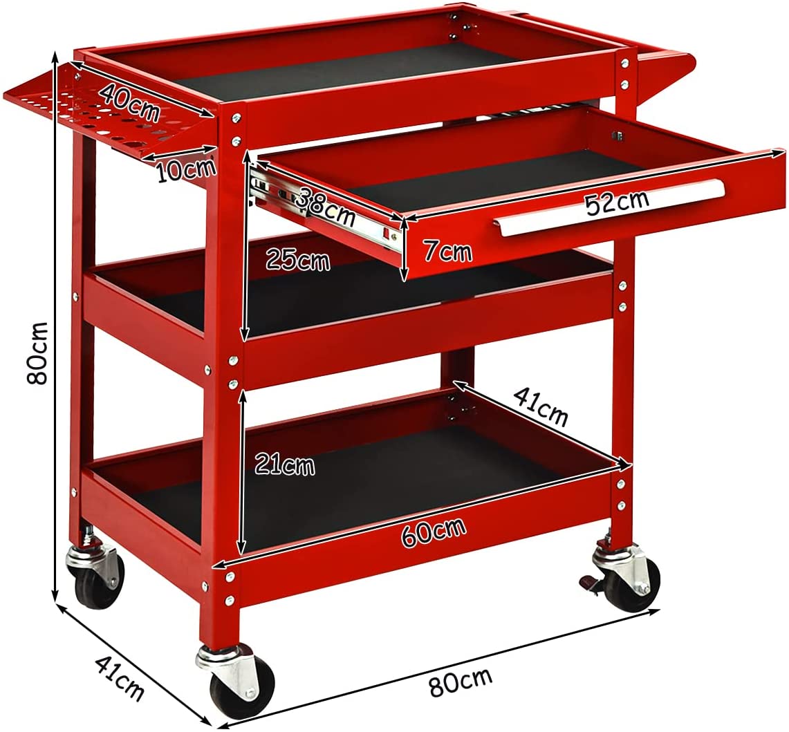 3 Tier Tool Trolley with Drawer and 4 Wheels-Red