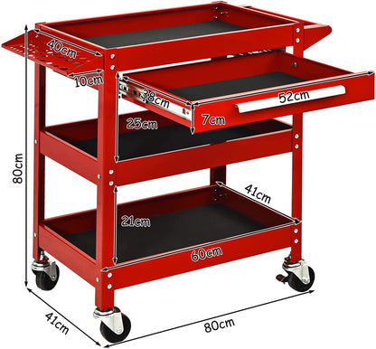 3 Tier Tool Trolley with Drawer and 4 Wheels-Red