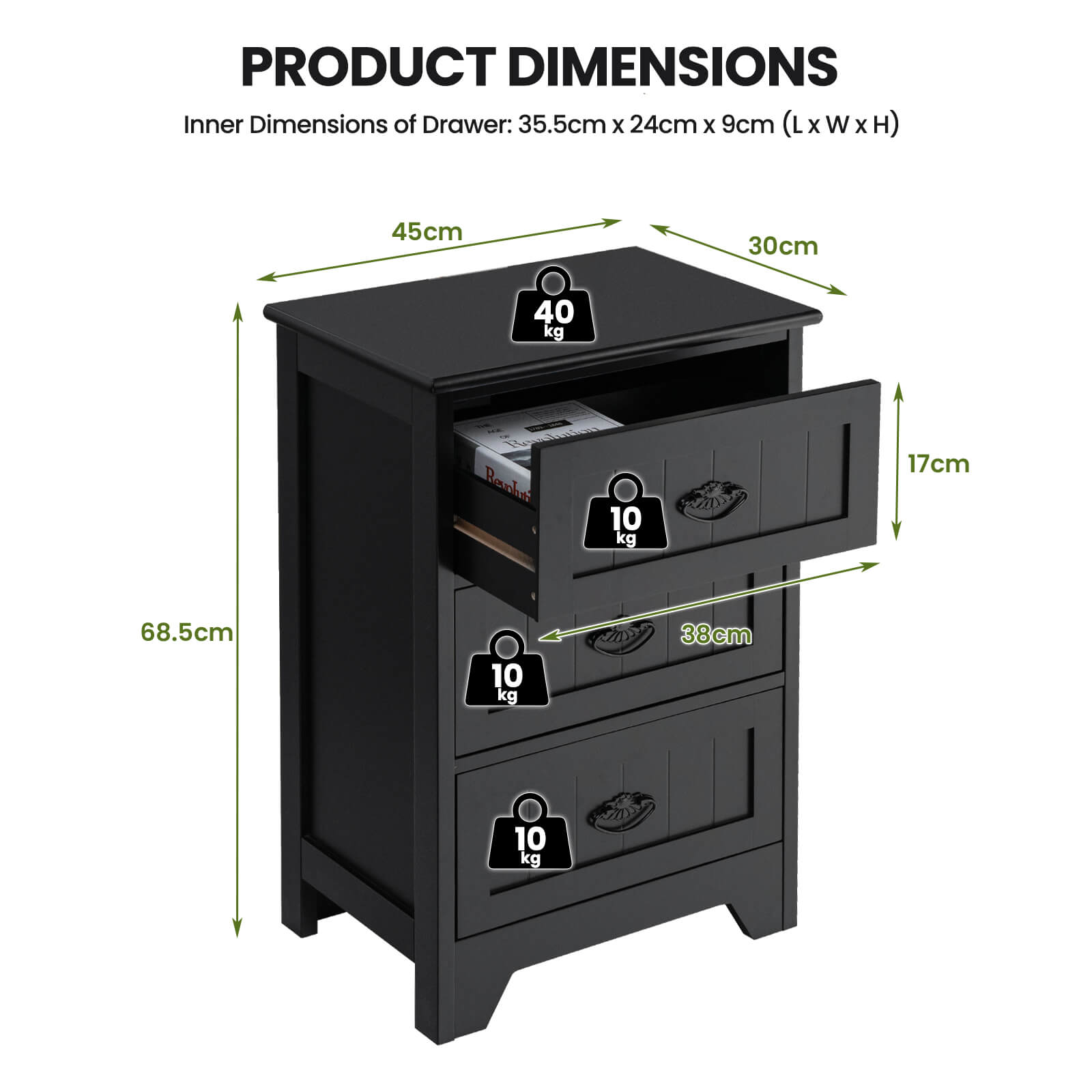 3-Tier Vintage Nightstand with Exquisite Metal Handles-Black