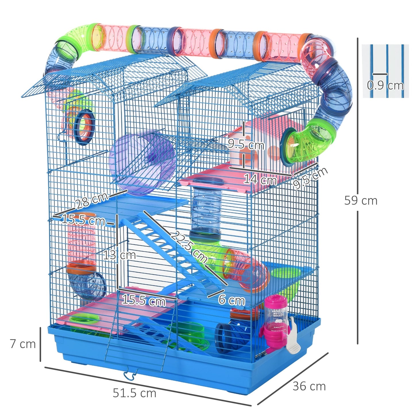 5 Tier Hamster Cage Carrier Habitat with Exercise Wheels Tunnel Tube Water Bottle Dishes House Ladder for Dwarf Mice, Blue