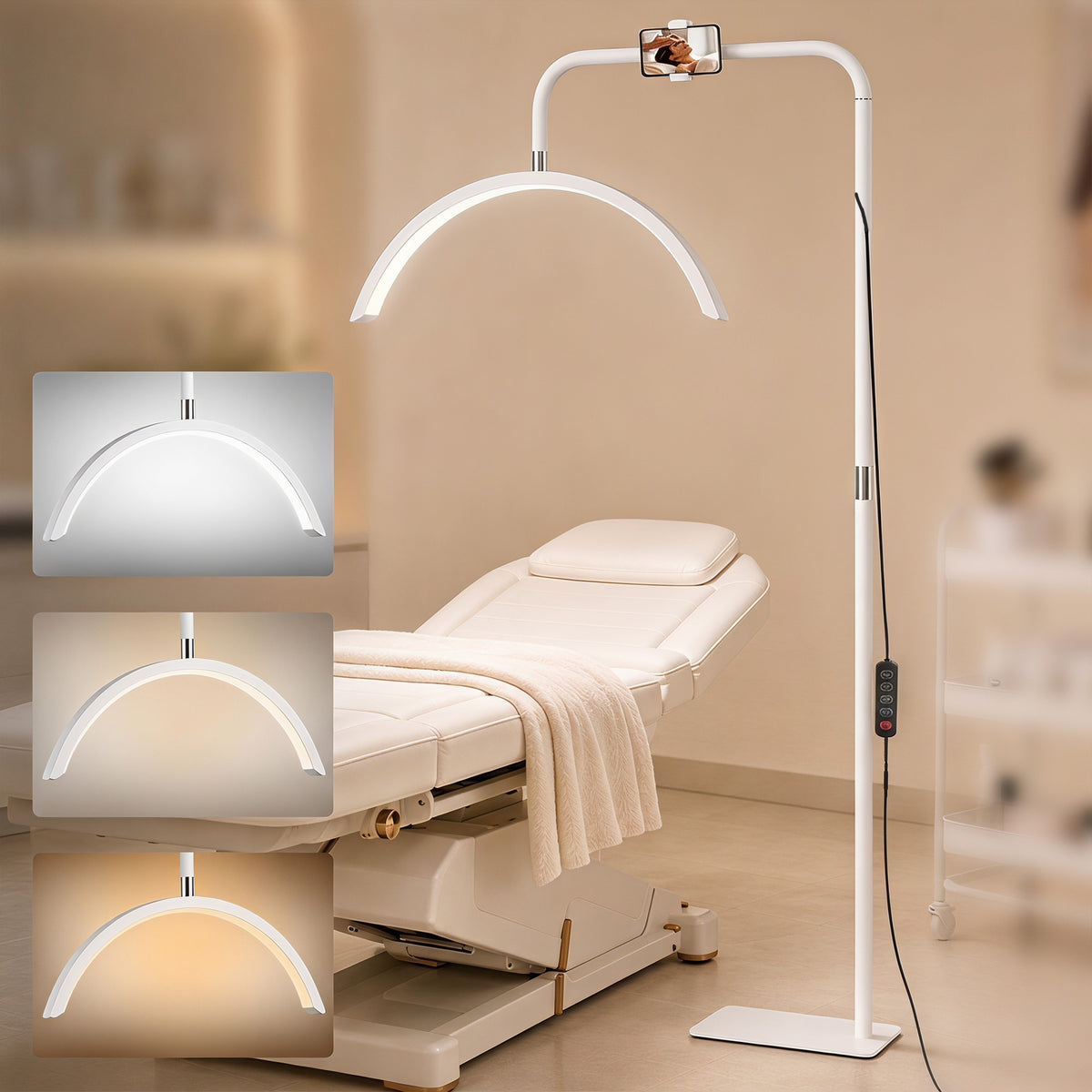 HOMCOM Half Moon Lash Light, 350° Rotatable Head, 7 Colours, Dimmable Beauty Floor Lamp, White