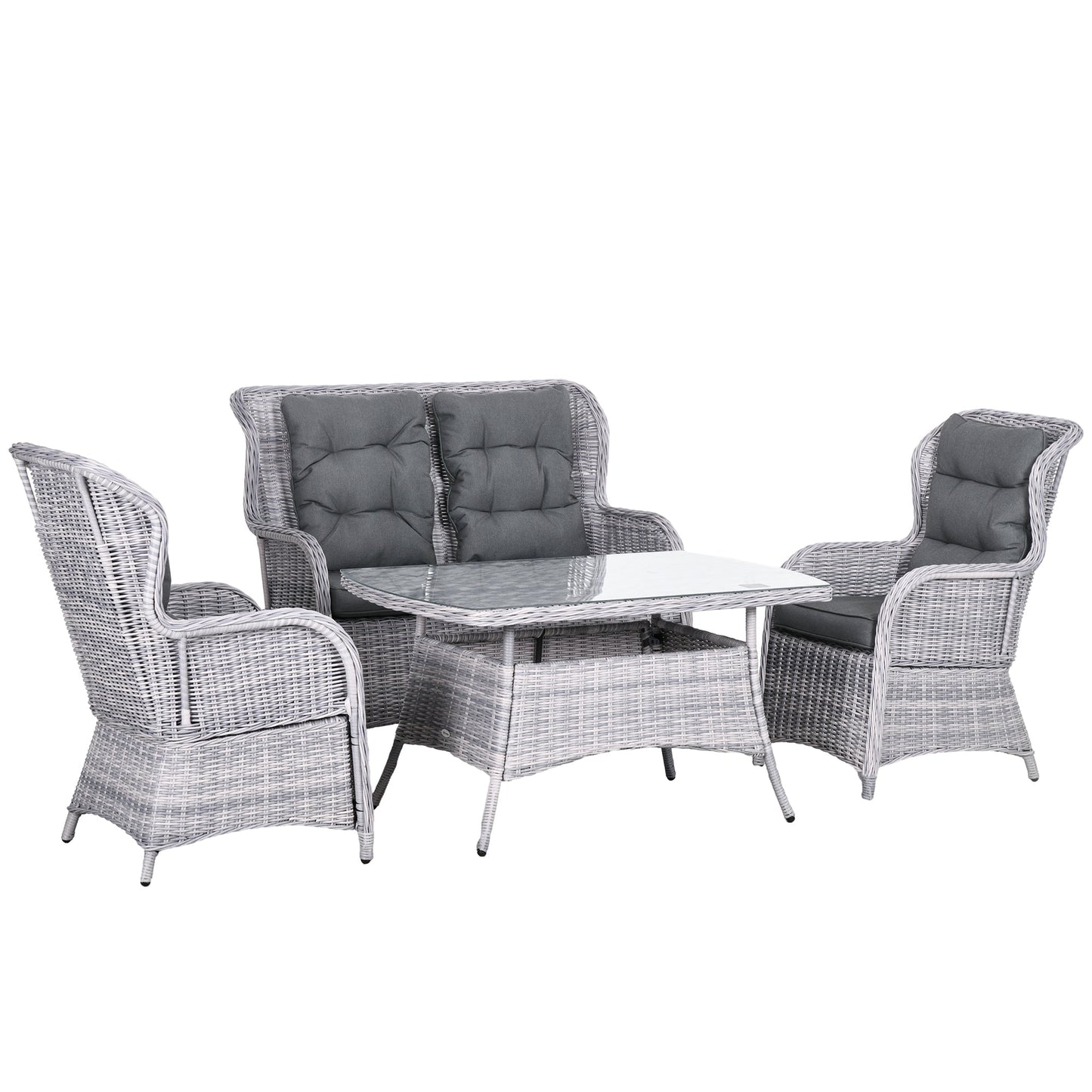 Outsunny Garden PE Rattan Dining Sofa Set, Outdoor 4 Seater Wicker Furniture, High Back Chairs with Cushions, Tempered Glass Coffee Table for Lawn, Backyard, Mixed Grey