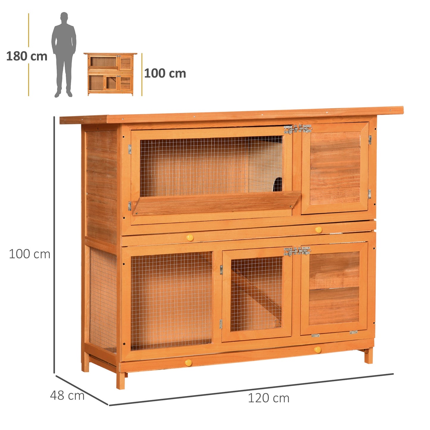 PawHut Large Rabbit Hutch Outdoor, Wooden Guinea Pig Hutch, Pet Cage House Bunny Home, with Rabbit Run, Double Decker 122 x 48 x 100 cm