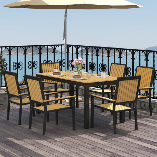 Zestaw mebli ogrodowych Outsunny 6 Seater Garden Dining Set z krzesłami składanymi, aluminiowa rama, prostokątny plastikowy blat, zestaw mebli ogrodowych, stół jadalny i krzesła na patio, balkon, przy basenie, drewno naturalne