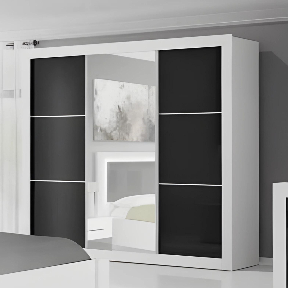 Riko 3-Door Mirrored Sliding Wardrobe 250cm - White Matt & Black Gloss