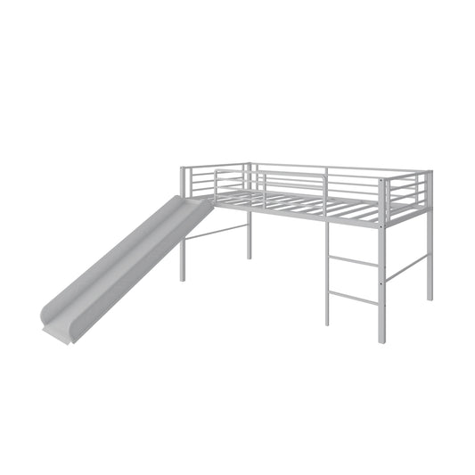 Sliding Loft Children Single Bed with Stairs and Safety Guardrails-Silver