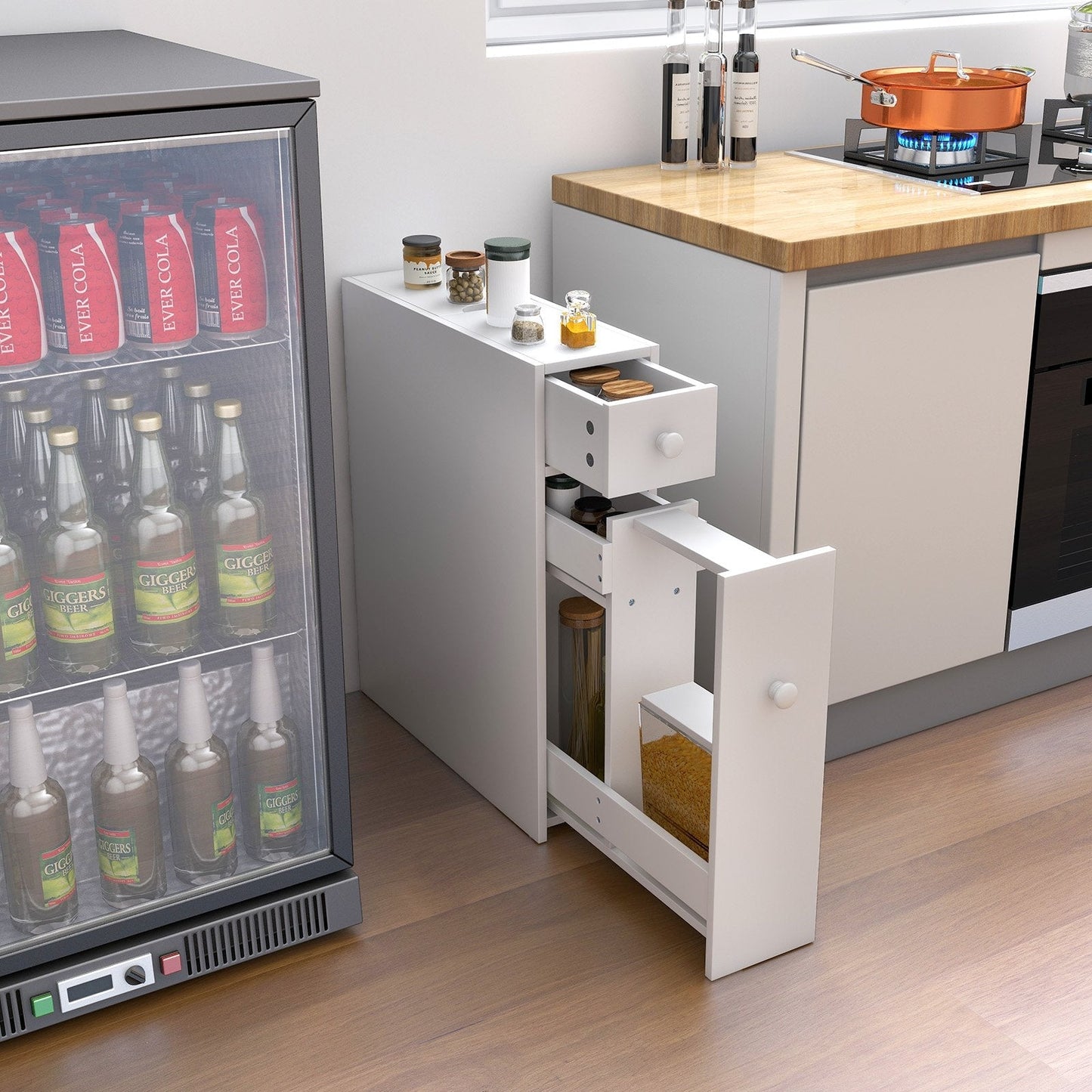 Slim Storage Cabinet with Slide-out Drawers and Flip-open Top Cover-White