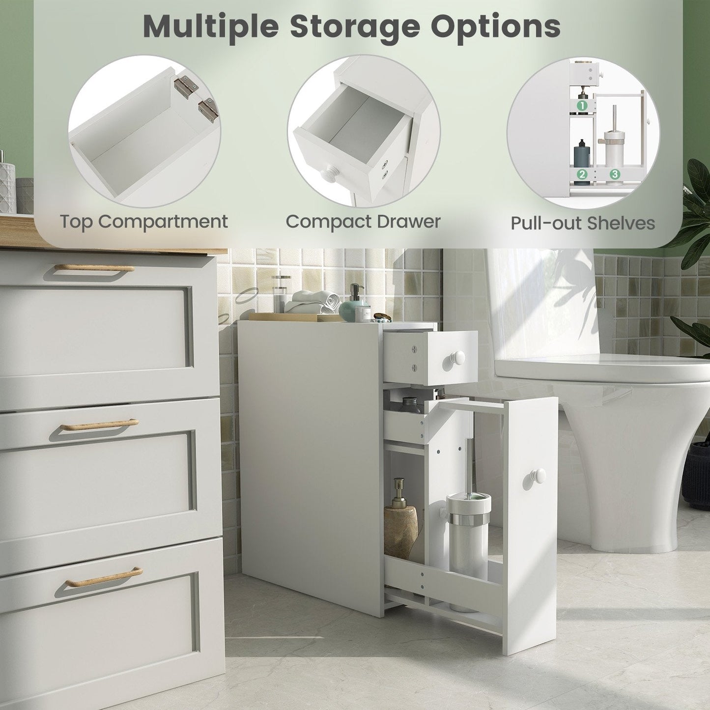 Slim Storage Cabinet with Slide-out Drawers and Flip-open Top Cover-White