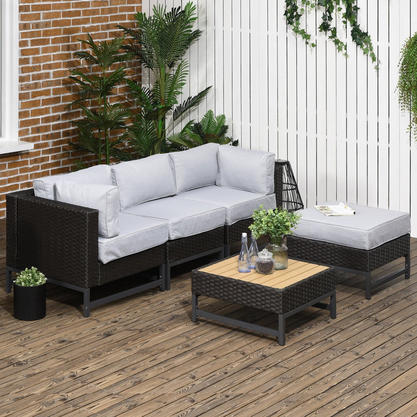 Outsunny 5 Piece Outdoor PE Rattan Corner Sofa Set with Cushions, Wicker Rattan Garden Furniture with Wood-Effect Top Table, Brown