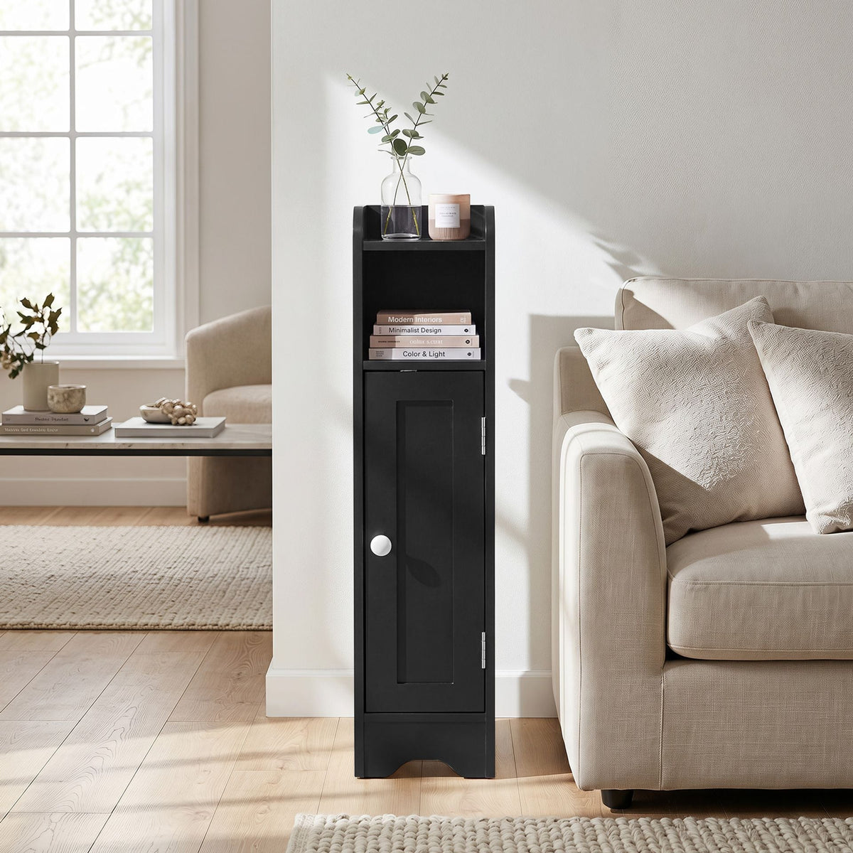 Small Bathroom Storage Cabinet with Door and Adjustable Shelves-Black