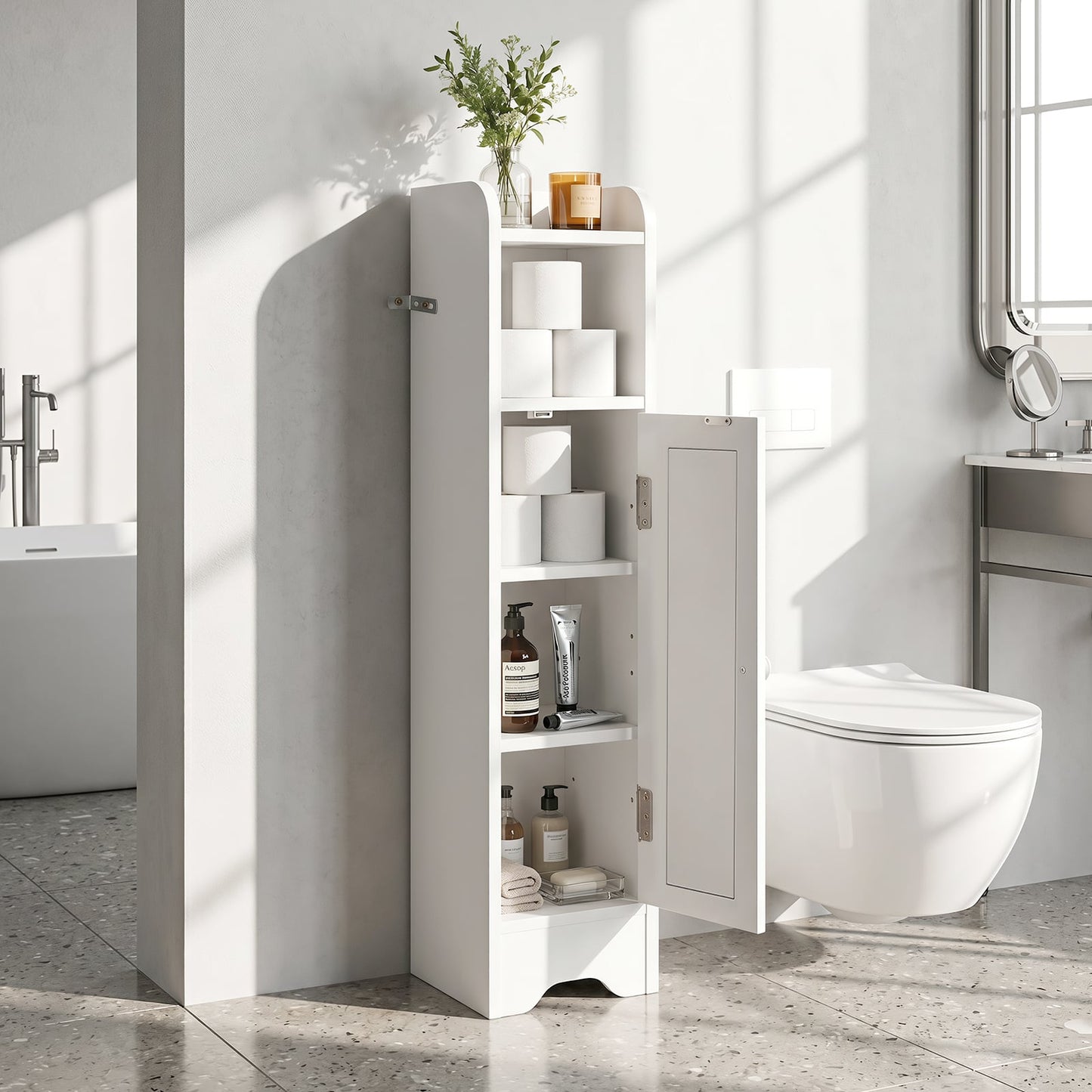 Small Bathroom Storage Cabinet with Door and Adjustable Shelves-White