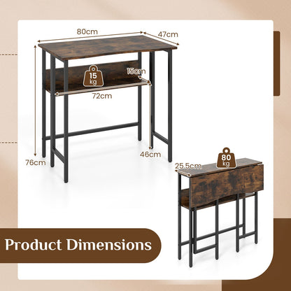 Small Folding Desk 80 CM with Storage Shelf & Drop Leaf for Home Office-Rustic Brown