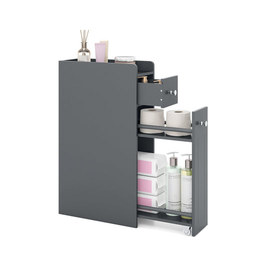 Small Bathroom Storage Cabinet 4-Tier Narrow Toilet Side Storage Cabinet with Slide Out Drawers on Casters-Grey