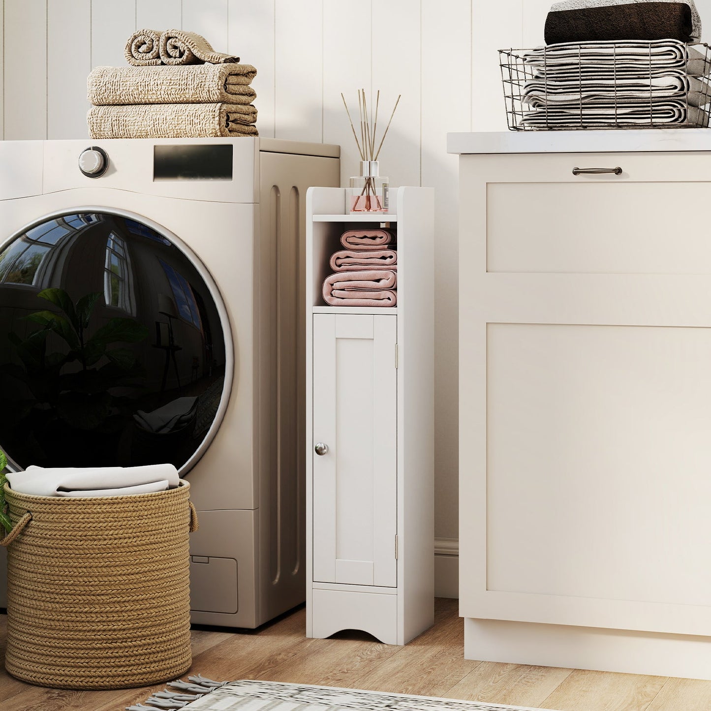 Small Bathroom Storage Cabinet with Door and Adjustable Shelves-White