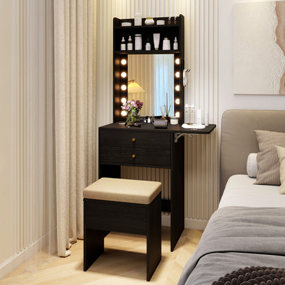Small Makeup Vanity Desk with Mirror and Lights with Charging Station-Black