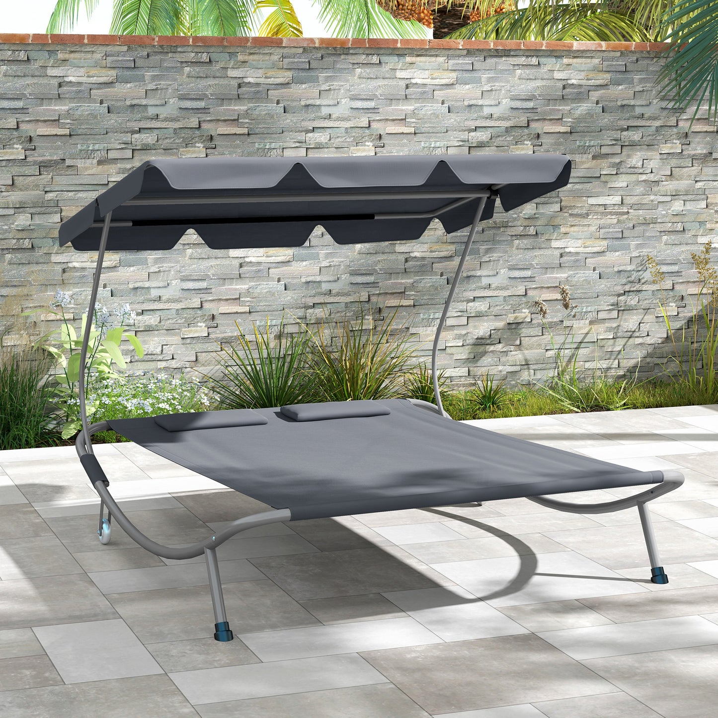 Łóżko zewnętrzne Outsunny Double Outdoor Bed z baldachimem - jasnoszary