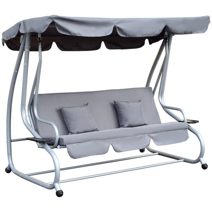 Outsunny 2-in-1 Garden Swing Seat Bed 3 Seater Swing Chair Hammock Bench Bed with Tilting Canopy and 2 Cushions, Grey