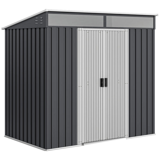 Outsunny 6,5 x 4FT ocynkowana metalowa szopa z zestawem fundamentowym, zamykana szopa ogrodowa na narzędzia z podwójnymi przesuwanymi drzwiami, otwory wentylacyjne, szara