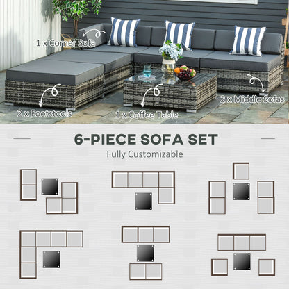 Outsunny 6 PC Rattan Sofa Coffee Table Set Sectional Wicker Weave Furniture for Garden Outdoor Conservatory w/ Pillow Cushion Grey