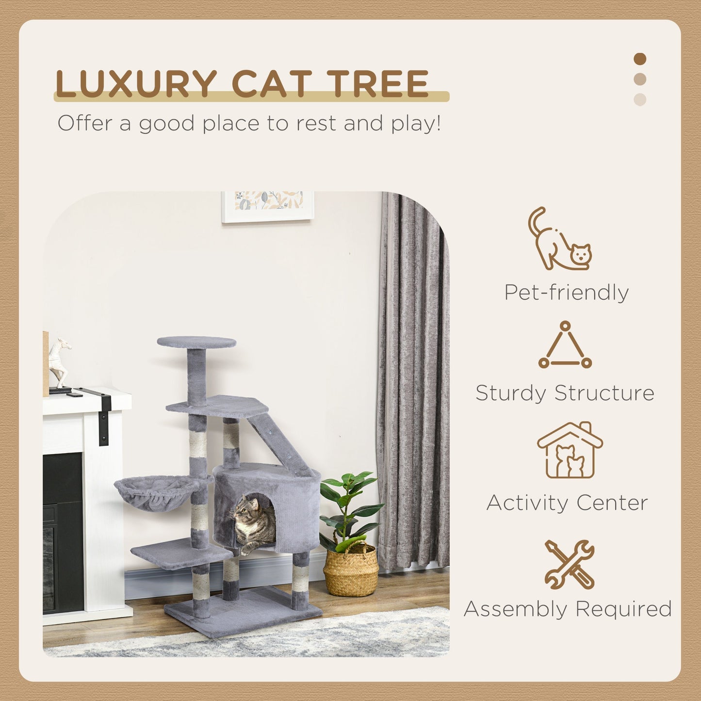 PawHut Cat Tree Kitten Scratching Post Scratch Scratcher Climb Activity Center Play House Pet Furniture 125cm (Grey)