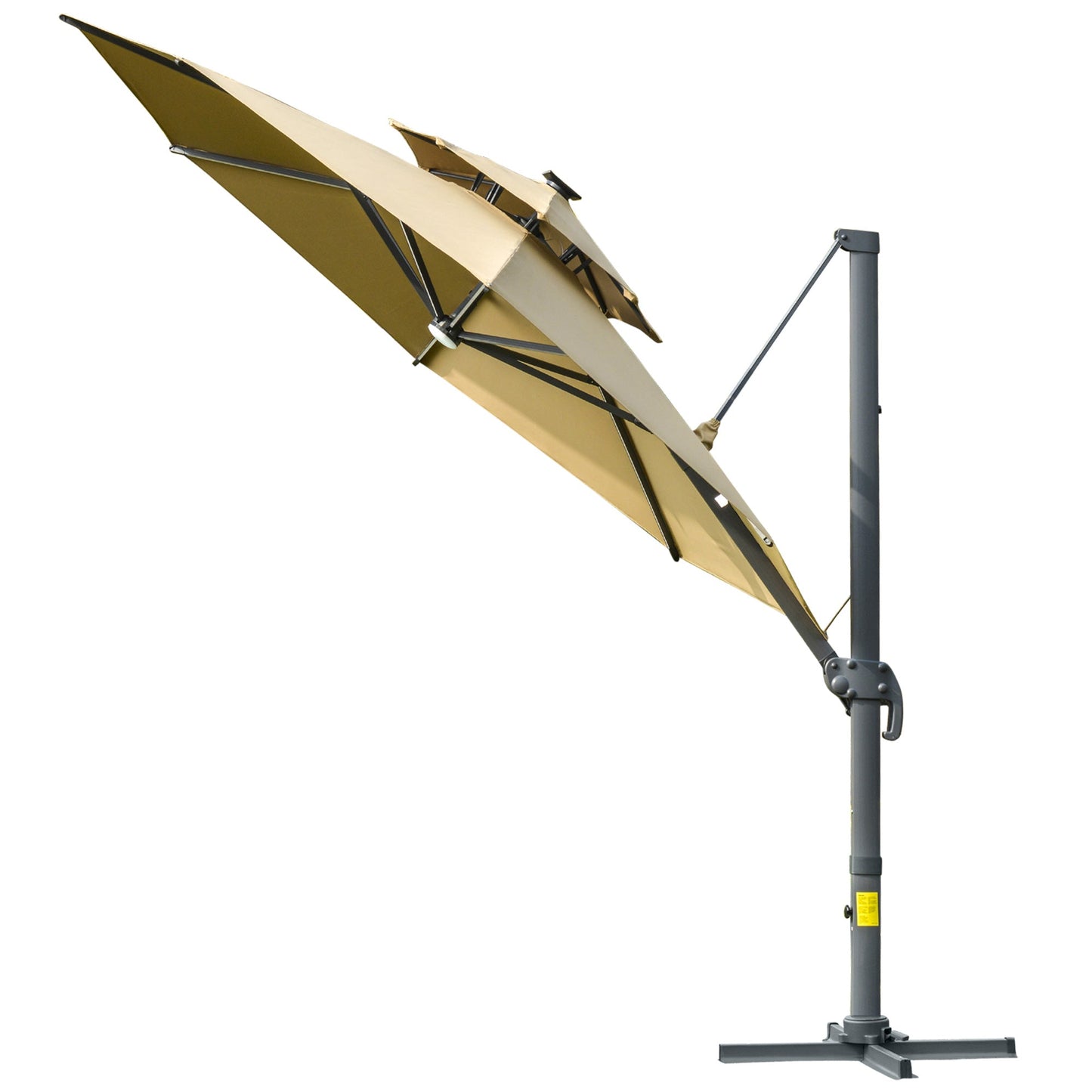 Outsunny 3m Cantilever Parasol w/ Solar Lights Power Bank Cross Base مظلة قابلة للتعديل 360 درجة تدور في الهواء الطلق مظلة حديقة 2-Tier Roof Sun Shade كاكي