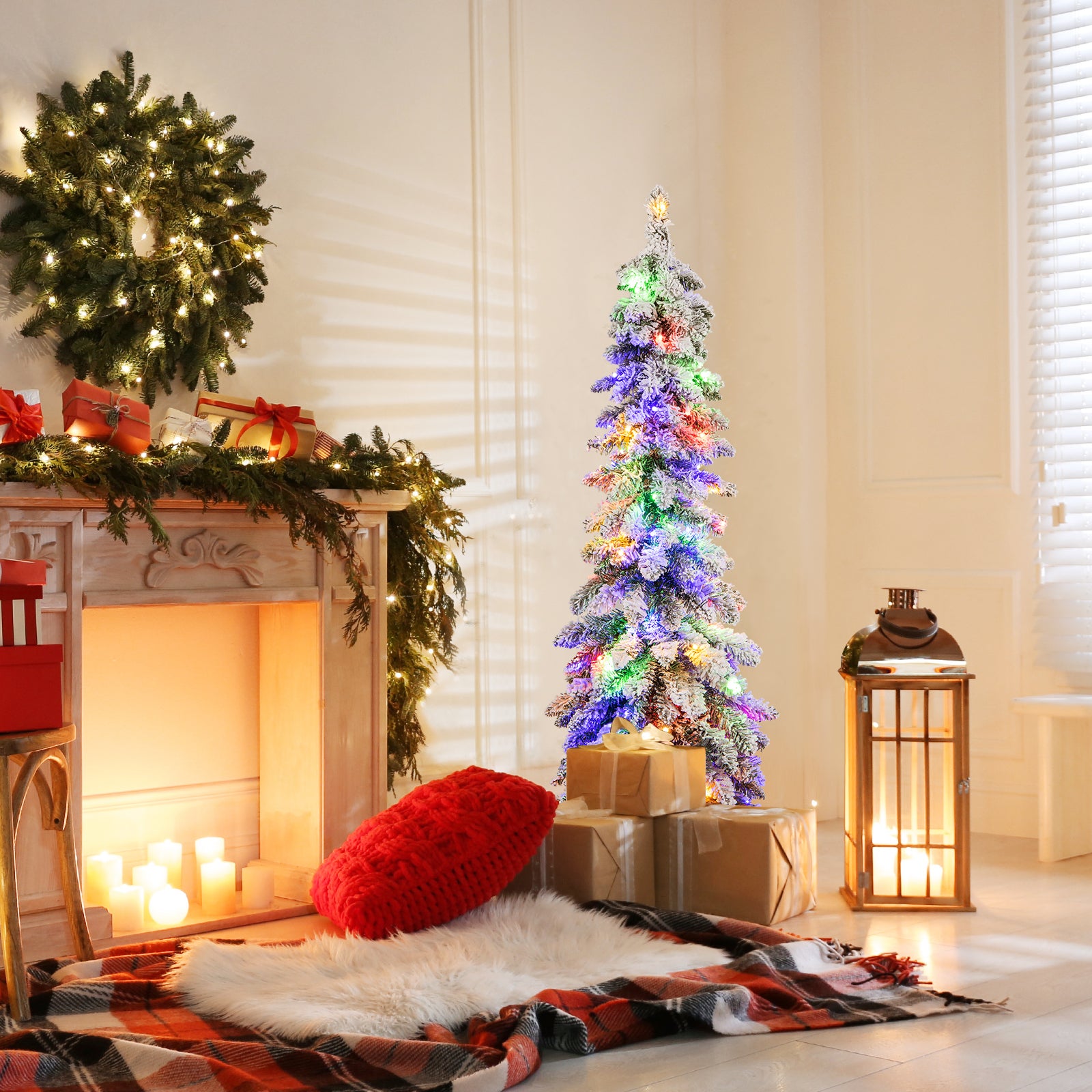 Snow-Flocked Slim Pencil Christmas Tree with 11 Lighting Modes-4FT