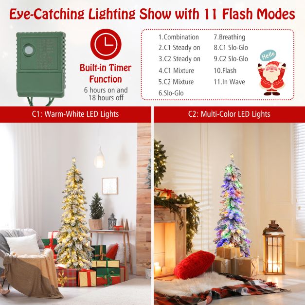 Snow-Flocked Slim Pencil Christmas Tree with 11 Lighting Modes-4FT