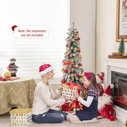 Snow-Flocked Slim Pencil Christmas Tree with 11 Lighting Modes-4FT