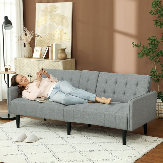 HOMCOM Upholstered Click Clack Sofa Bed, Linen-Feel 3 Seater Sofa Bed with Storage and Cupholders, Light Grey