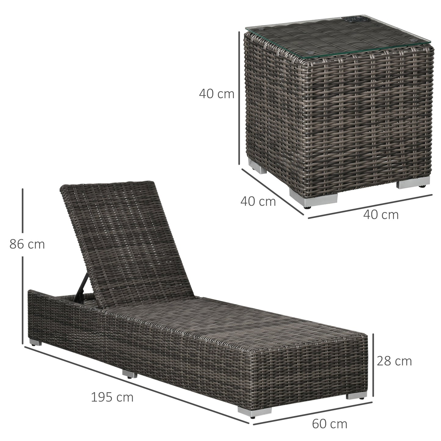 Outsunny 2 Seater Adjustable PE Rattan Wicker Lounge Set Half-Round Wicker Recliner Bed