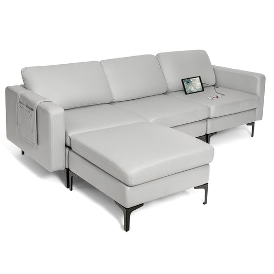 Modular L-shaped Sofa with Chaise, Reversible Ottoman, Built-in Socket-Light Grey