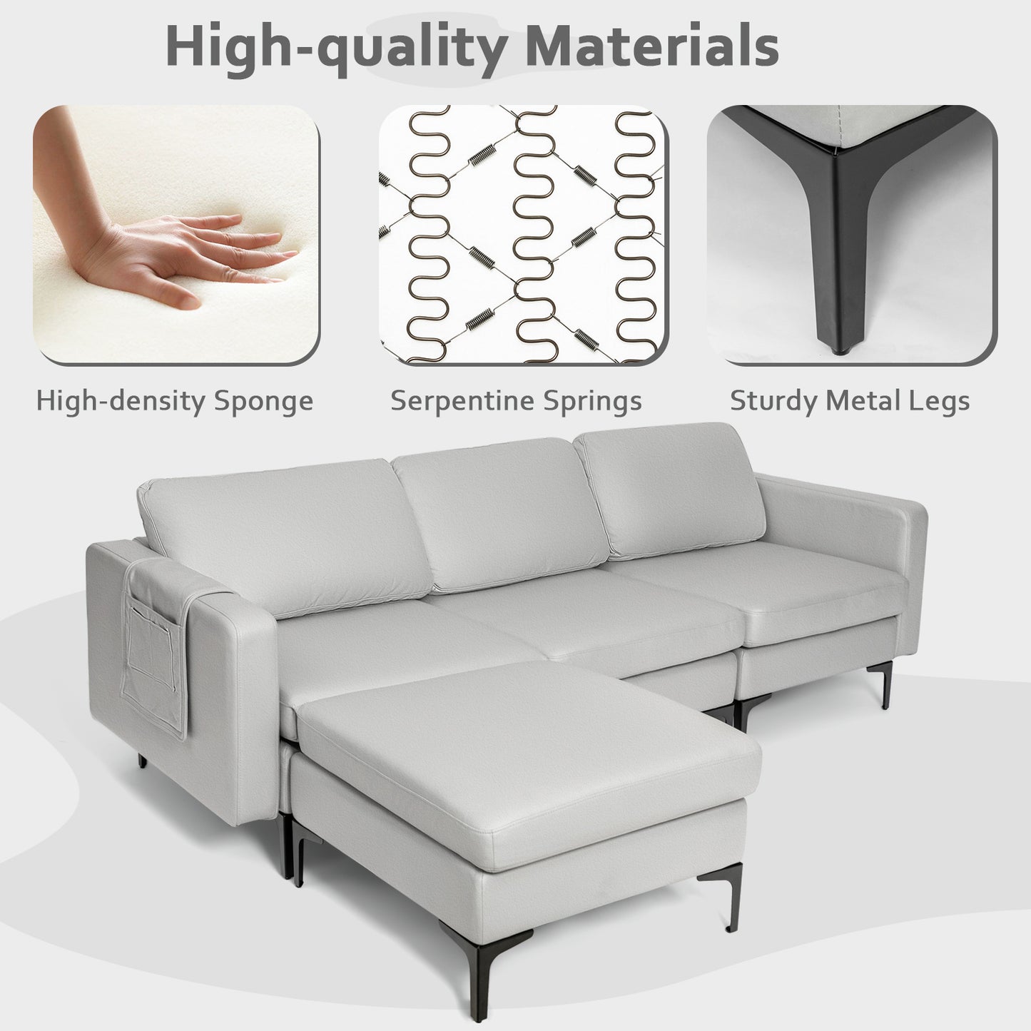 Modular L-shaped Sofa with Chaise, Reversible Ottoman, Built-in Socket-Light Grey