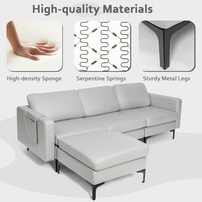 Modular L-shaped Sofa with Chaise, Reversible Ottoman, Built-in Socket-Light Grey