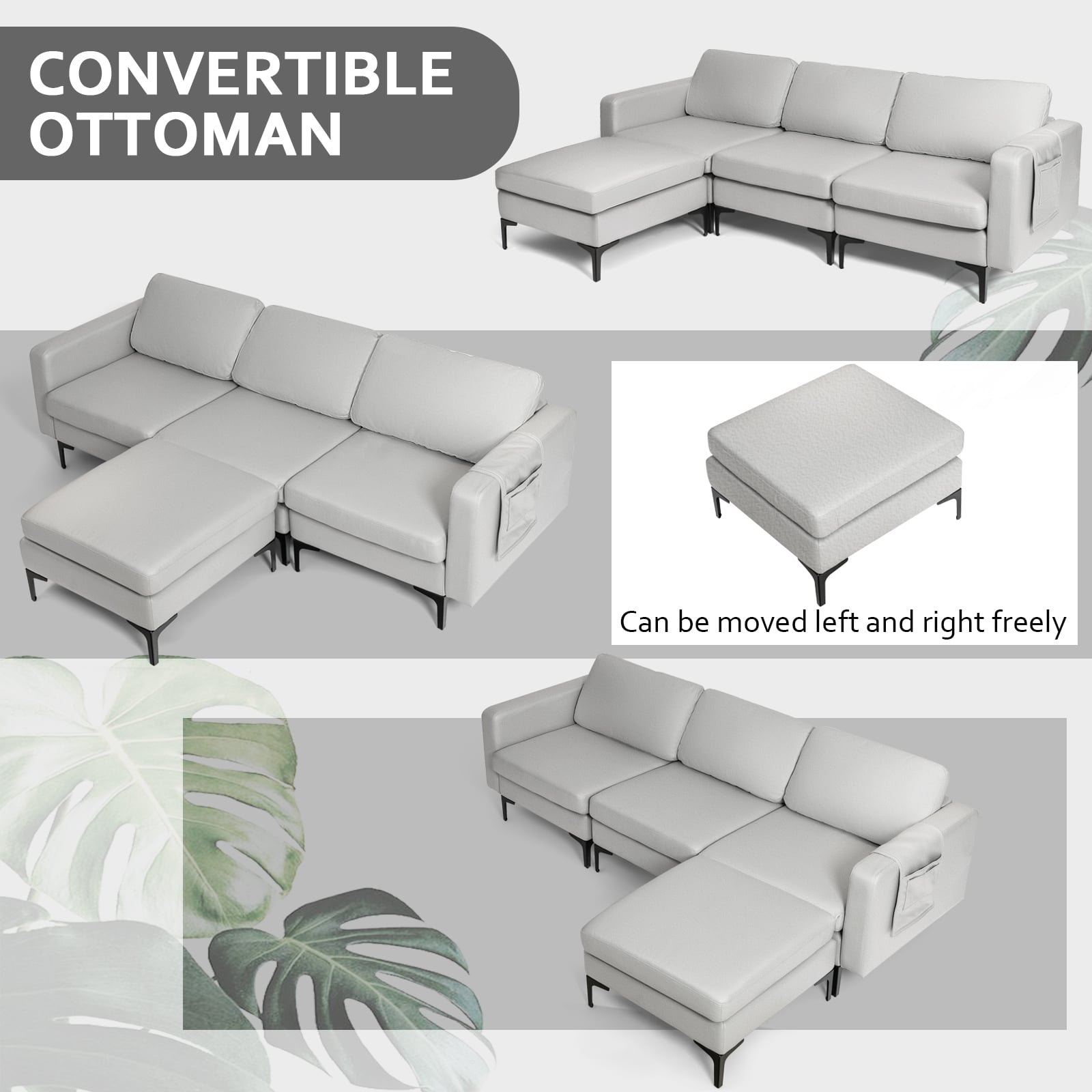 Modular L-shaped Sofa with Chaise, Reversible Ottoman, Built-in Socket-Light Grey