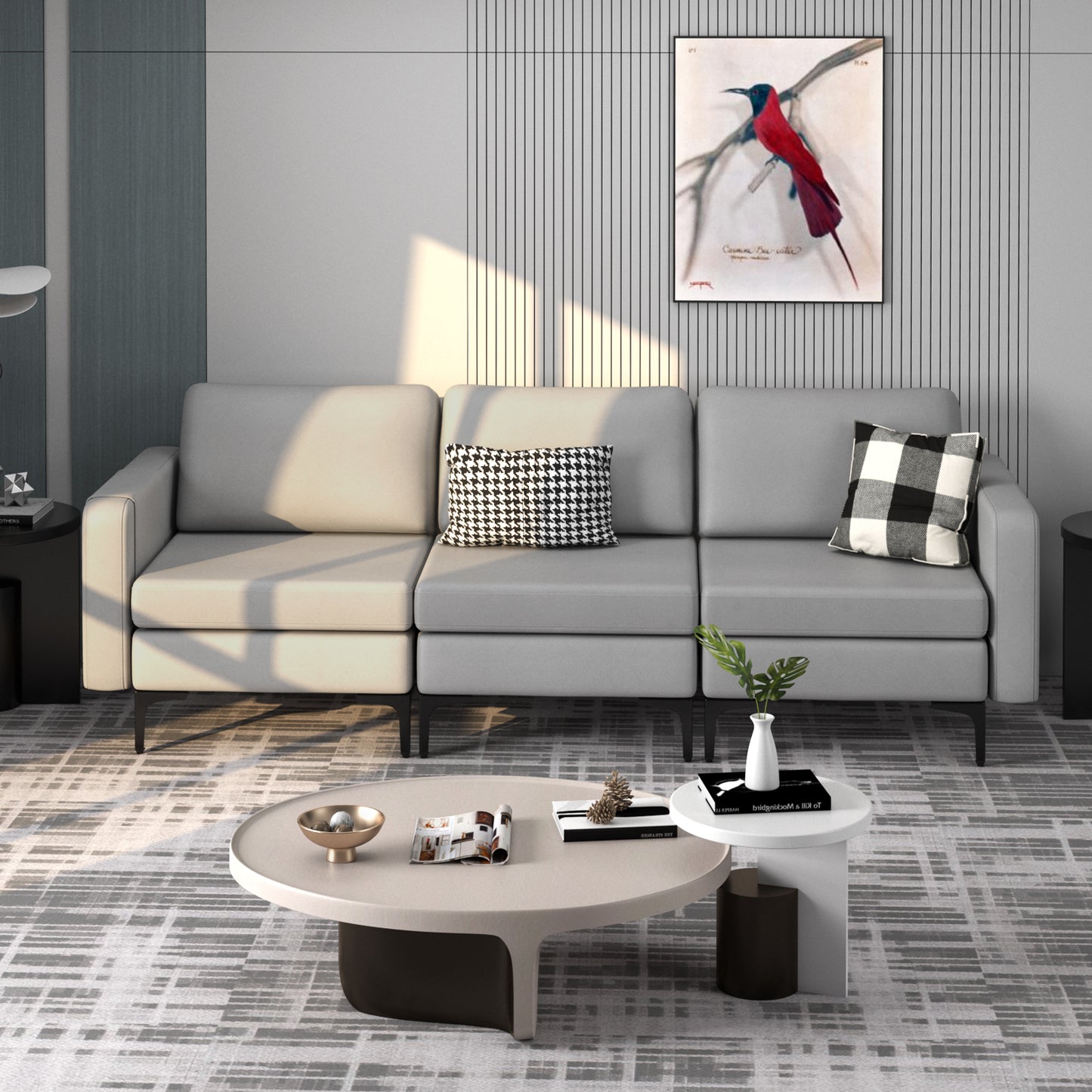 3-Seat Sofa with Magazine Caddy Holder, Socket and USB Charging Ports-Light Grey