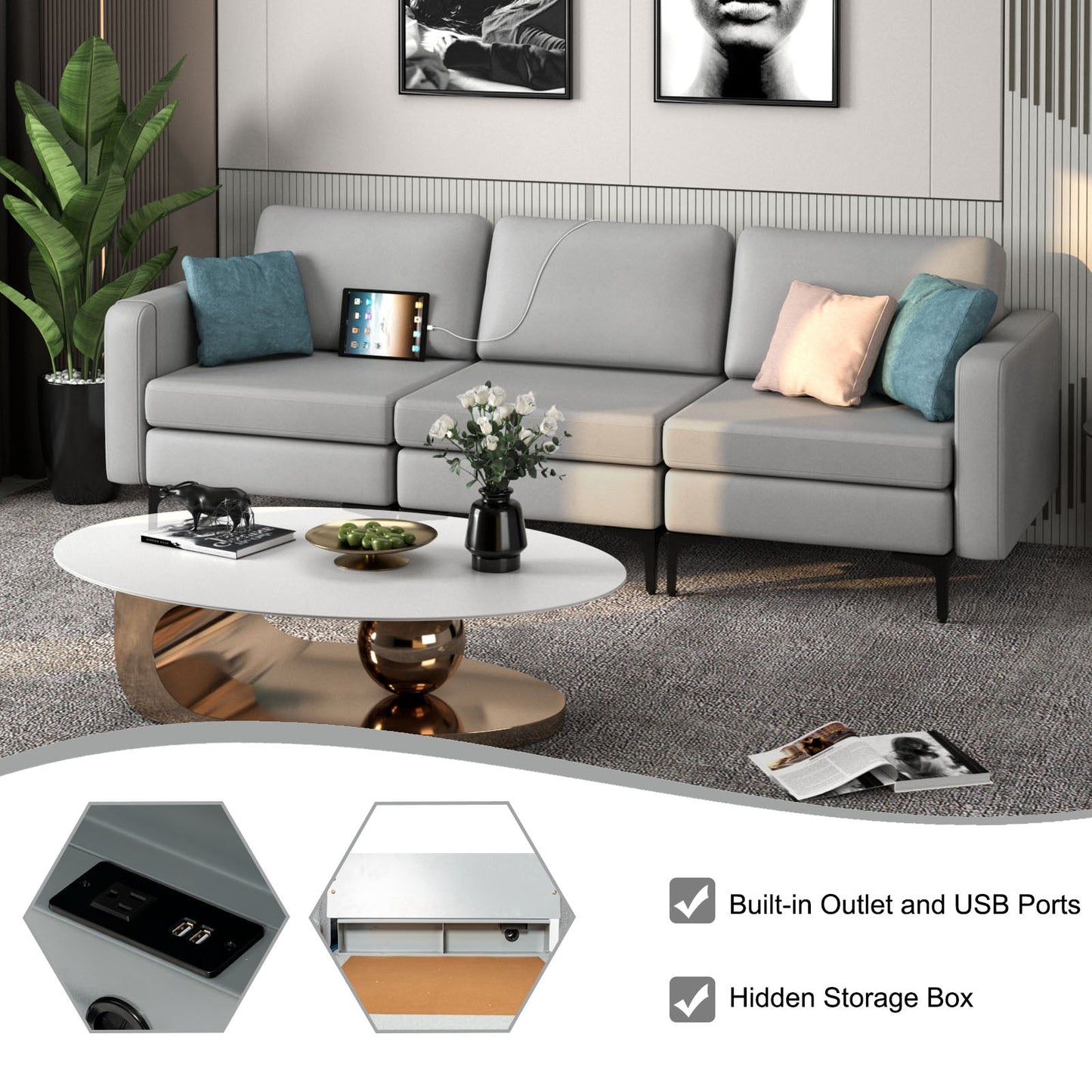 3-Seat Sofa with Magazine Caddy Holder, Socket and USB Charging Ports-Light Grey