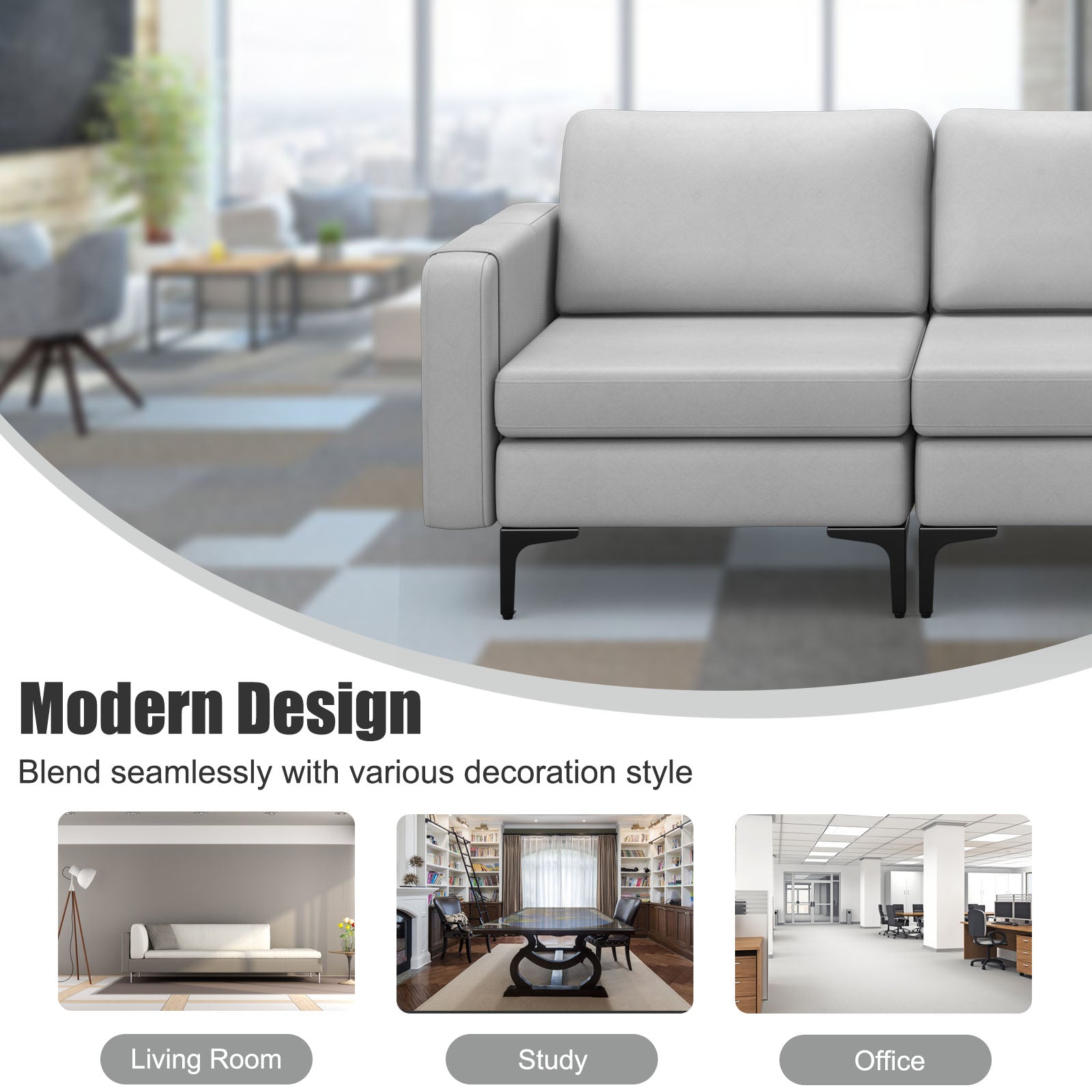 3-Seat Sofa with Magazine Caddy Holder, Socket and USB Charging Ports-Light Grey