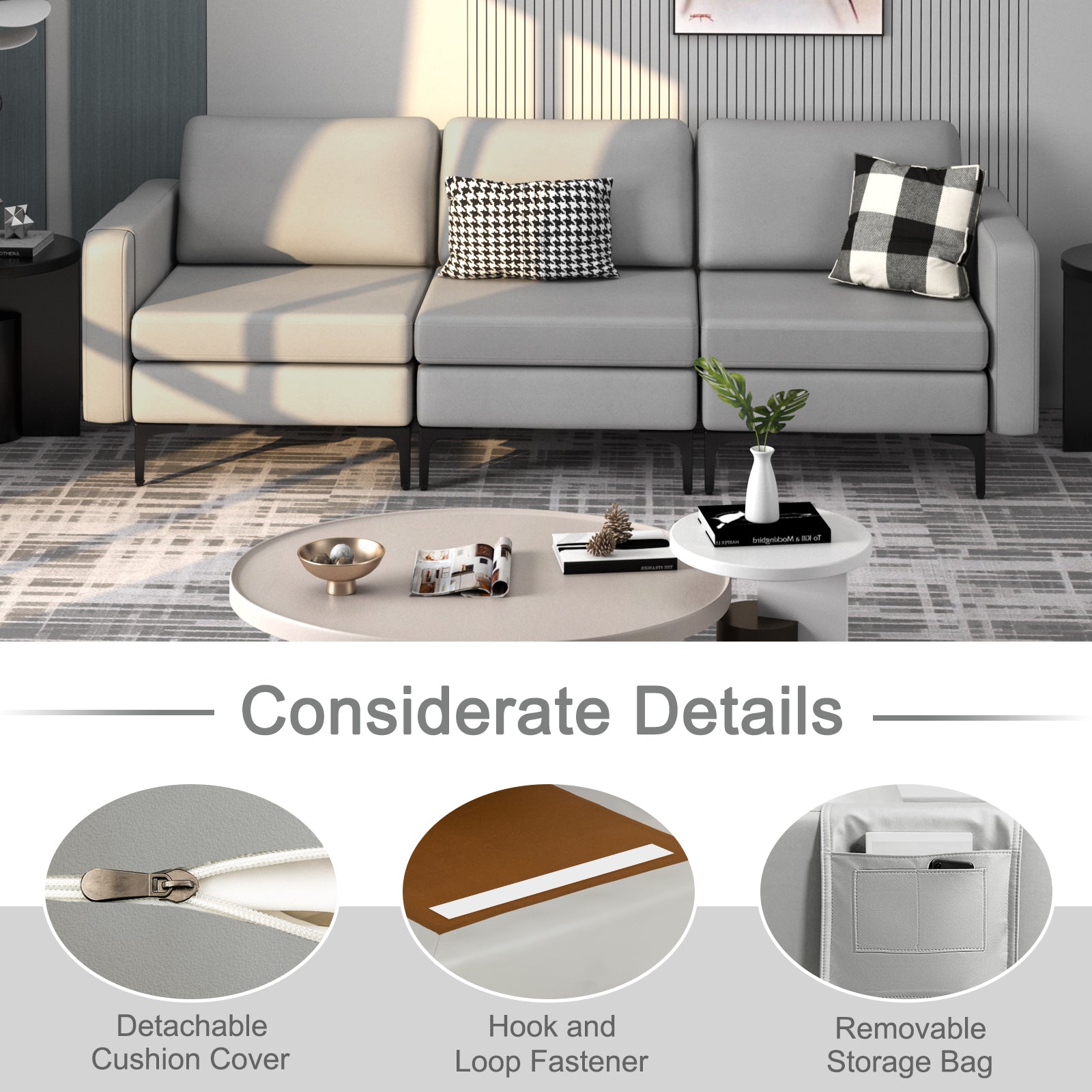 3-Seat Sofa with Magazine Caddy Holder, Socket and USB Charging Ports-Light Grey